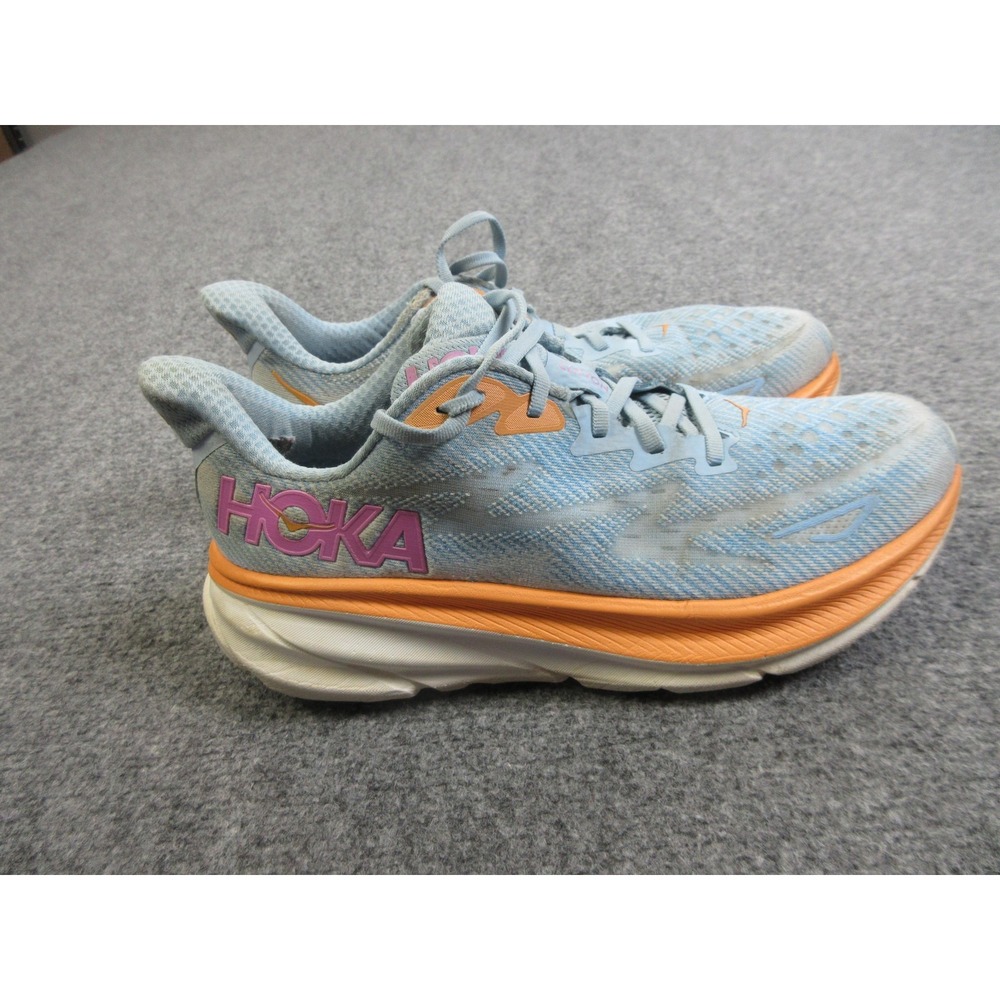 Hoka One One Clifton 9 Shoes Womens Size 10 Blue Orange Running Road Sneakers